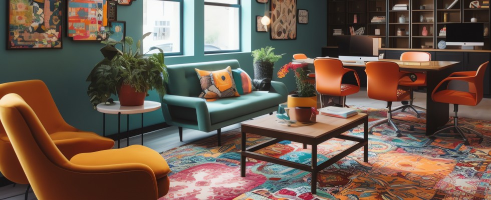 A modern office space features several sitting chairs, a sofa, coffee table, and work desk with office chairs arranged around it. Everything is bright and saturated with orange and blue hues.
