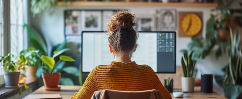 A woman sits at her laptop, working. Her home office space is filled with a variety of plants large and small.