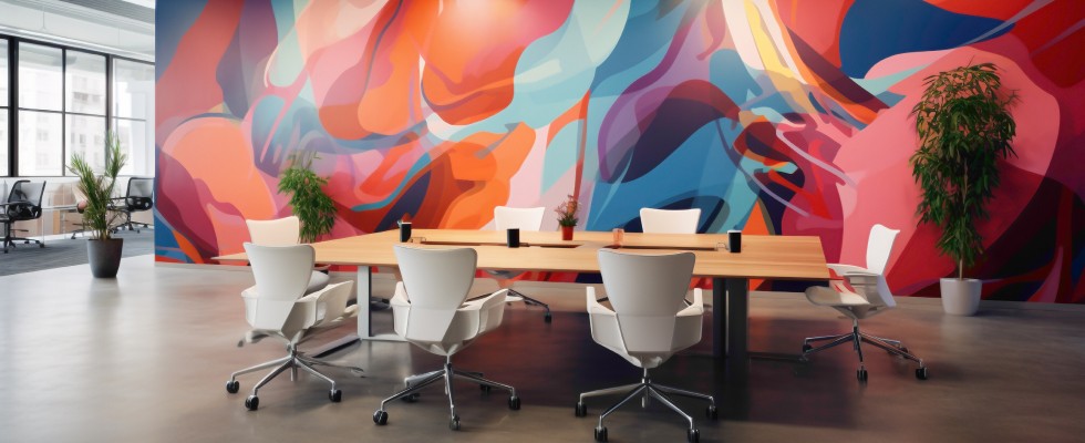 Office chairs are arranged a large desk in an open space. A large, colorful mural is painted on the wall nearby.