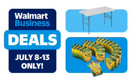 Walmart Business July Deals July 8-13 only! logo with an image of a folding table and boxes of Crayola crayons.