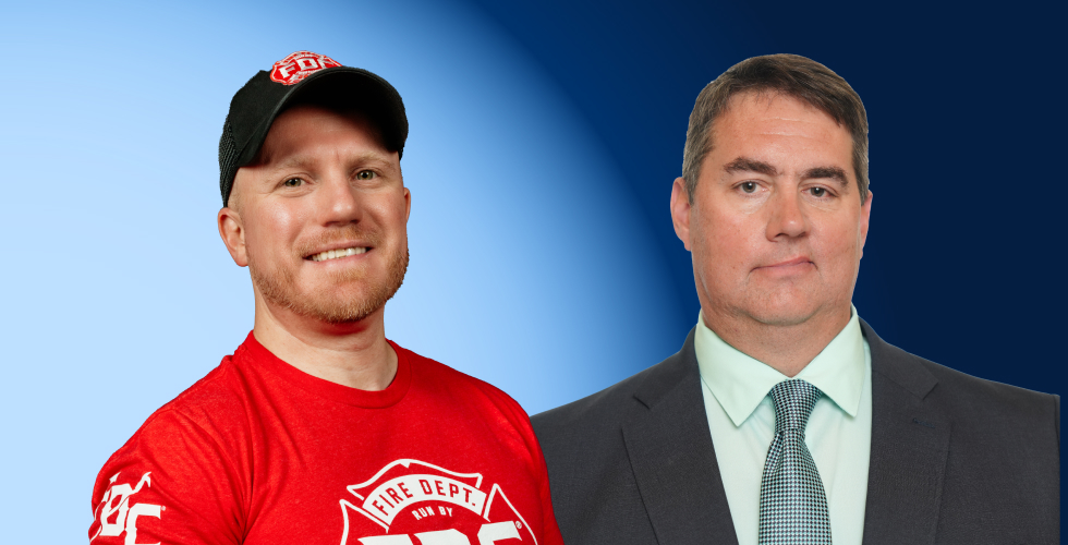 headshots of Luke Schneider in a Fire Department Coffee hat and red t-shirt, and Tommy Reed in a green shirt and tie, all against a blue gradient background.