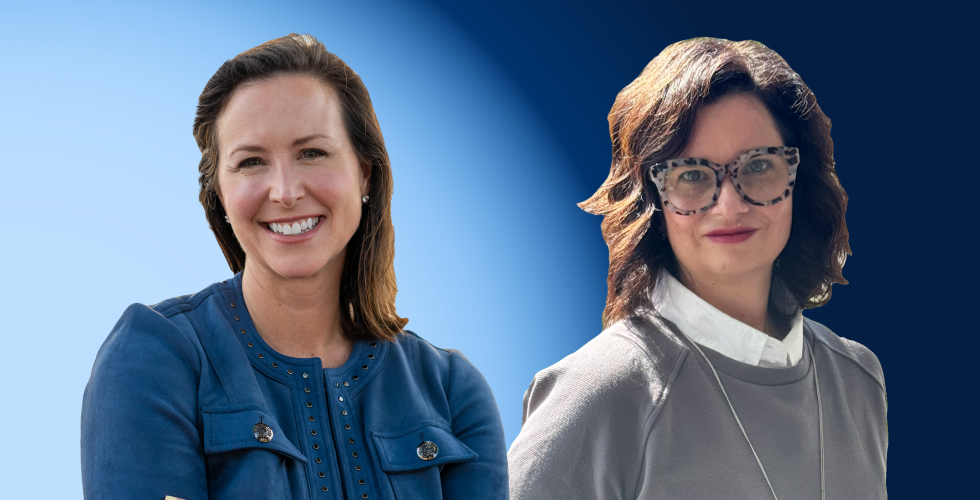 Headshots of Ashley Hubka, Senior Vice President and General Manager of Walmart Business, and Errin Stanger, Founder and CEO of Providence Park against a blue background.