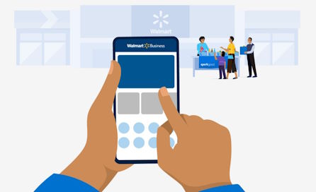 A visual representation of hands holding a smartphone, navigating Walmart Business.