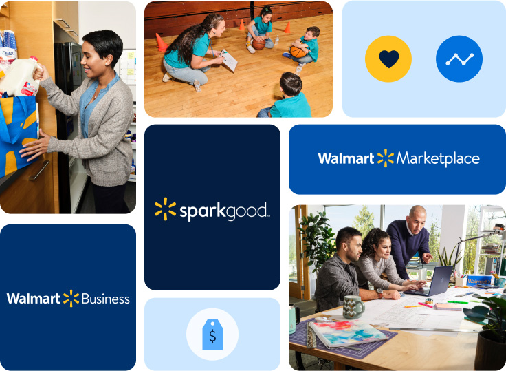 A group of brand lockups for Walmart Marketplace, Walmart Business, SparkGood.