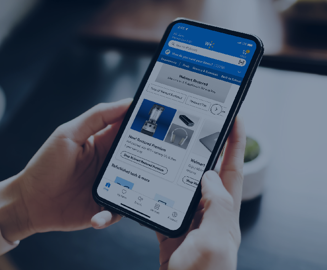 Close-up image of a customer scrolling through the Walmart mobile shopping app
