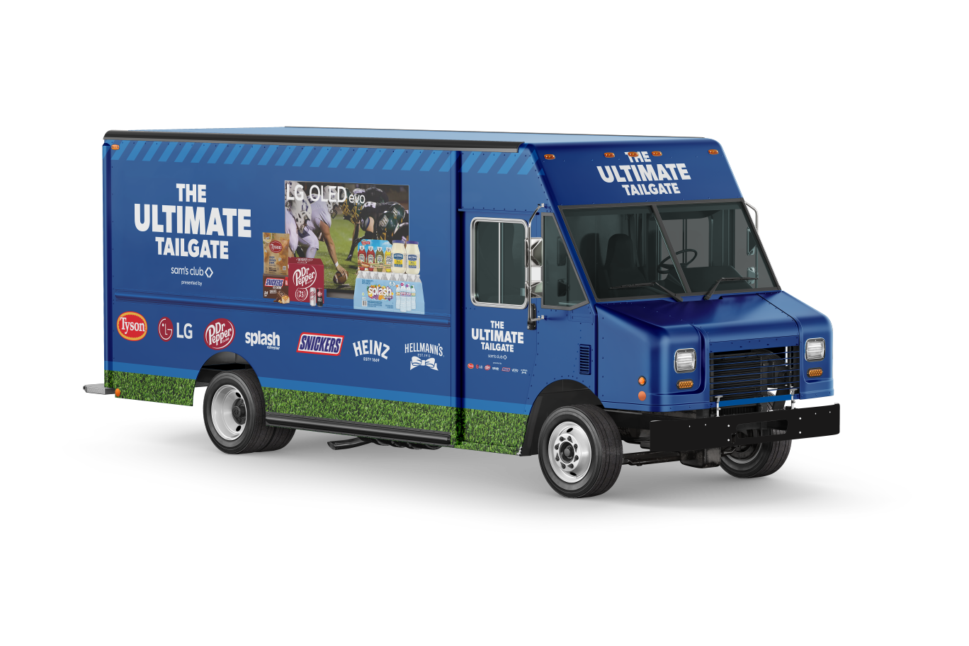 A Sam's Club box style truck branded for 'the ultimate tailgate' party.