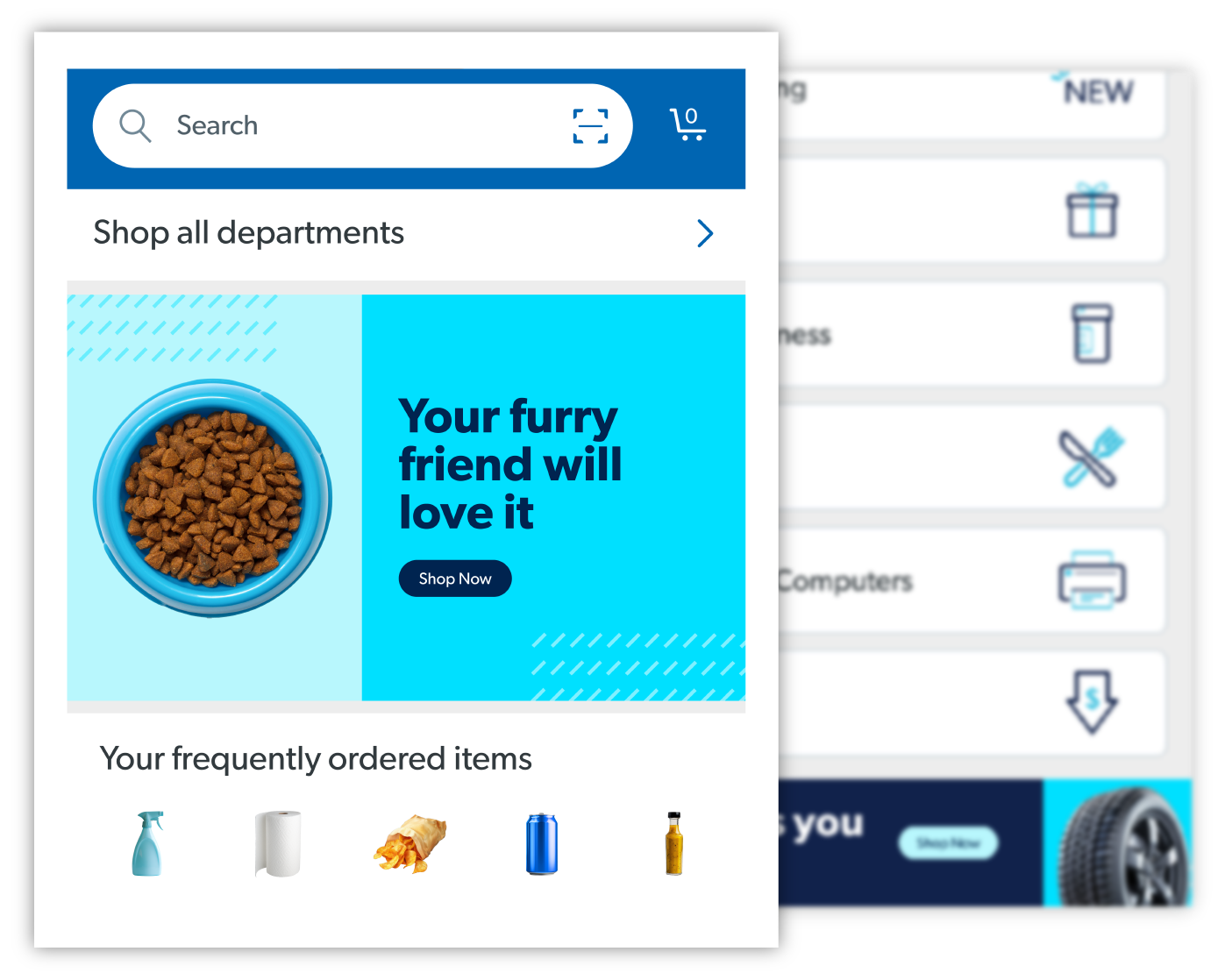 The Sam's Club mobile app showing an ad for dog food and a collection of frequently ordered items.