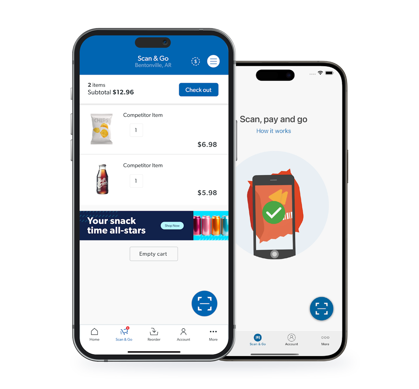 Tthe Sam's Club scan and go tech on the mobile app displayed on 2 mobile phones.