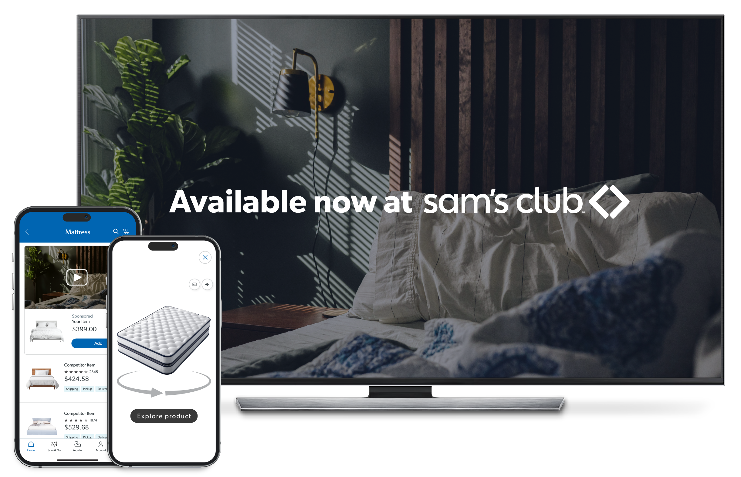 A TV display with the words 'Available now at Sam's Club' on it accompanied by a mobile device with the Sam's Club app open.