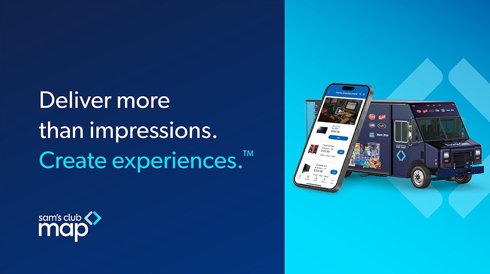 A visual representation of Sam's Club Omni Experiences shows a smartphone next to a Sam's Club-branded van. Text reads, "Deliver more than impressions. Create experiences."