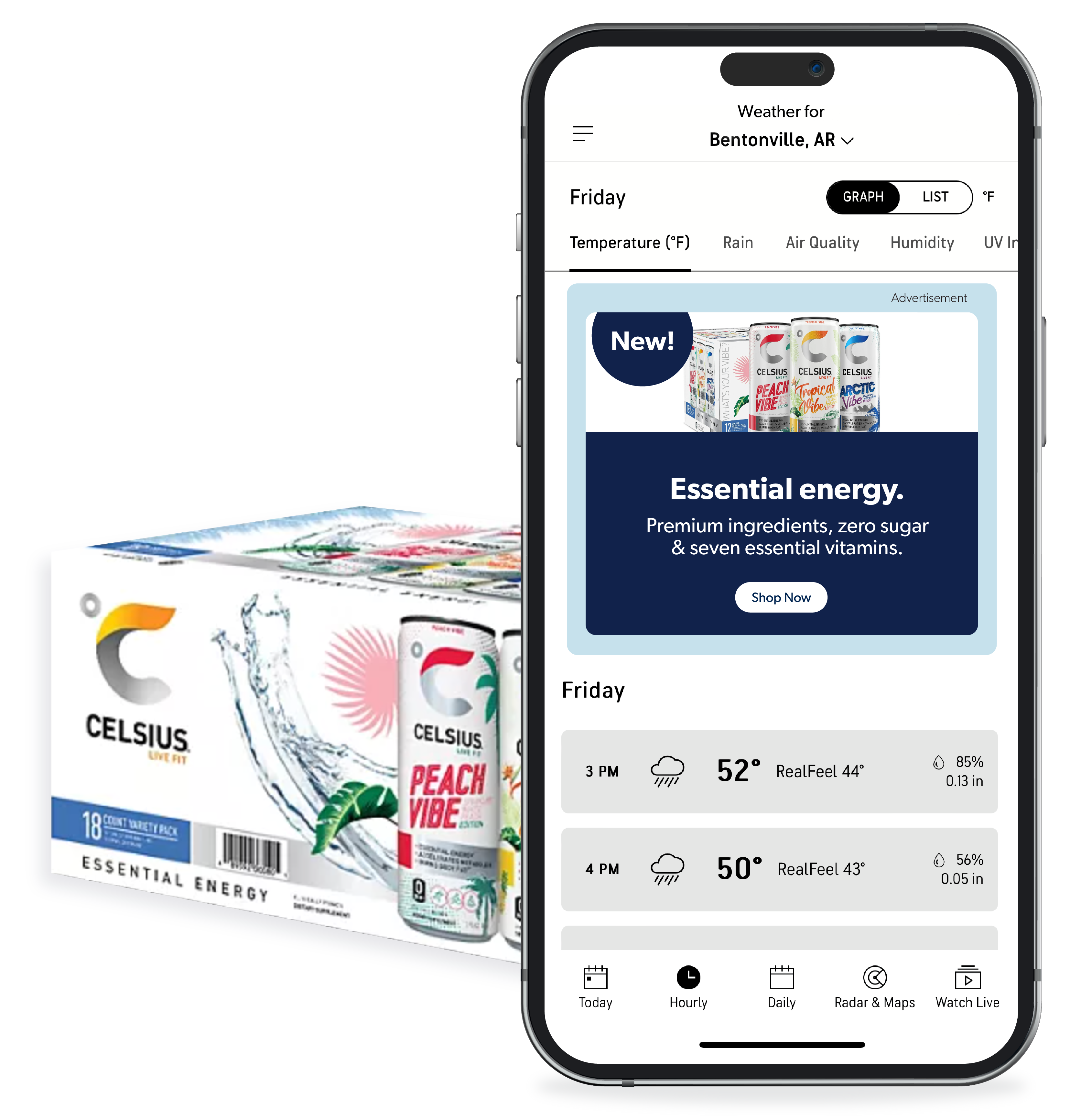 A mobile device with the Sam's Club mobile app open, advertising Celsius beverages, accompanied by a package of Celsius.