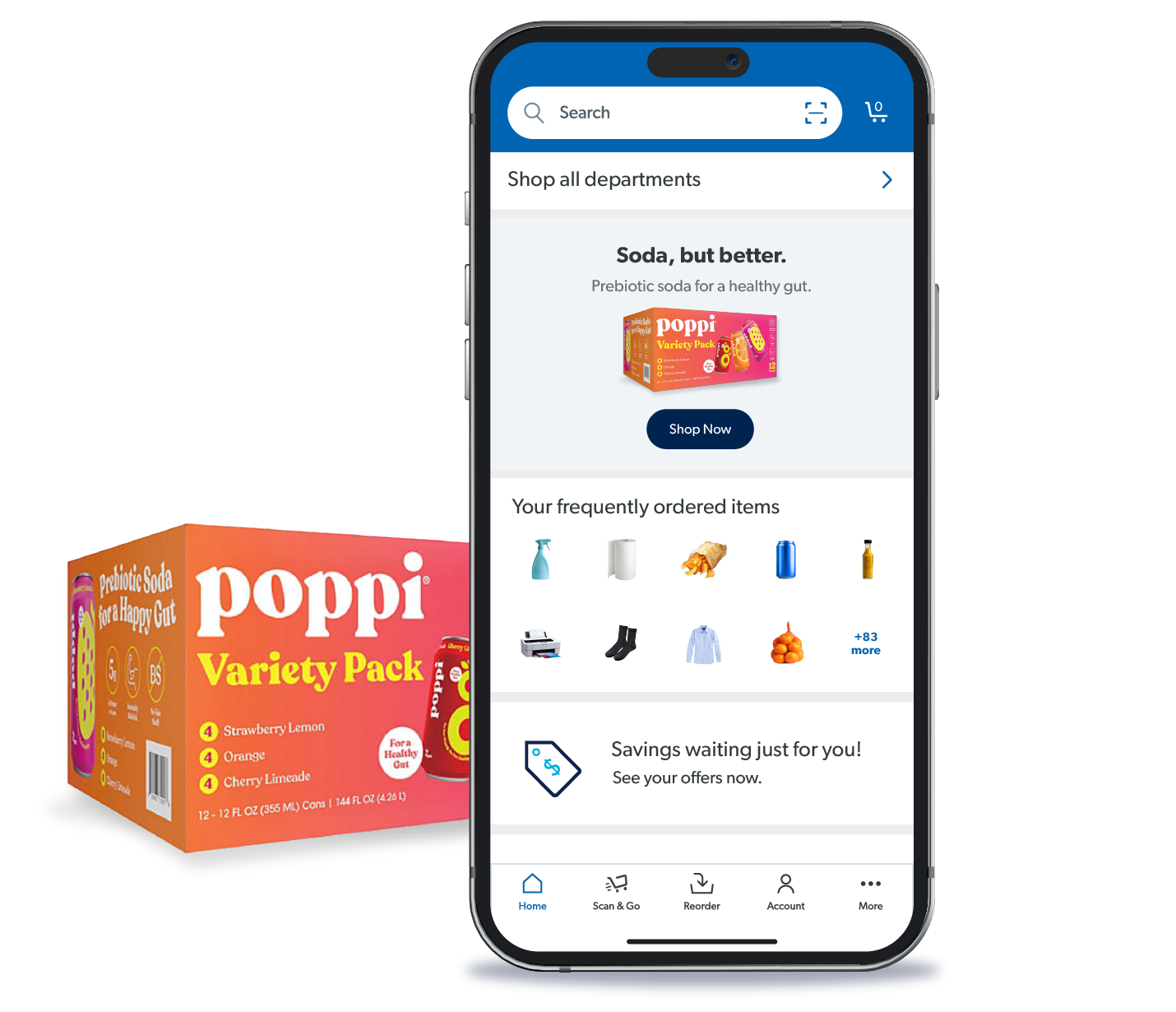 A mobile device with the Sam's Club app open, advertising Poppi beverages, accompanied by a package of Poppi beverage.