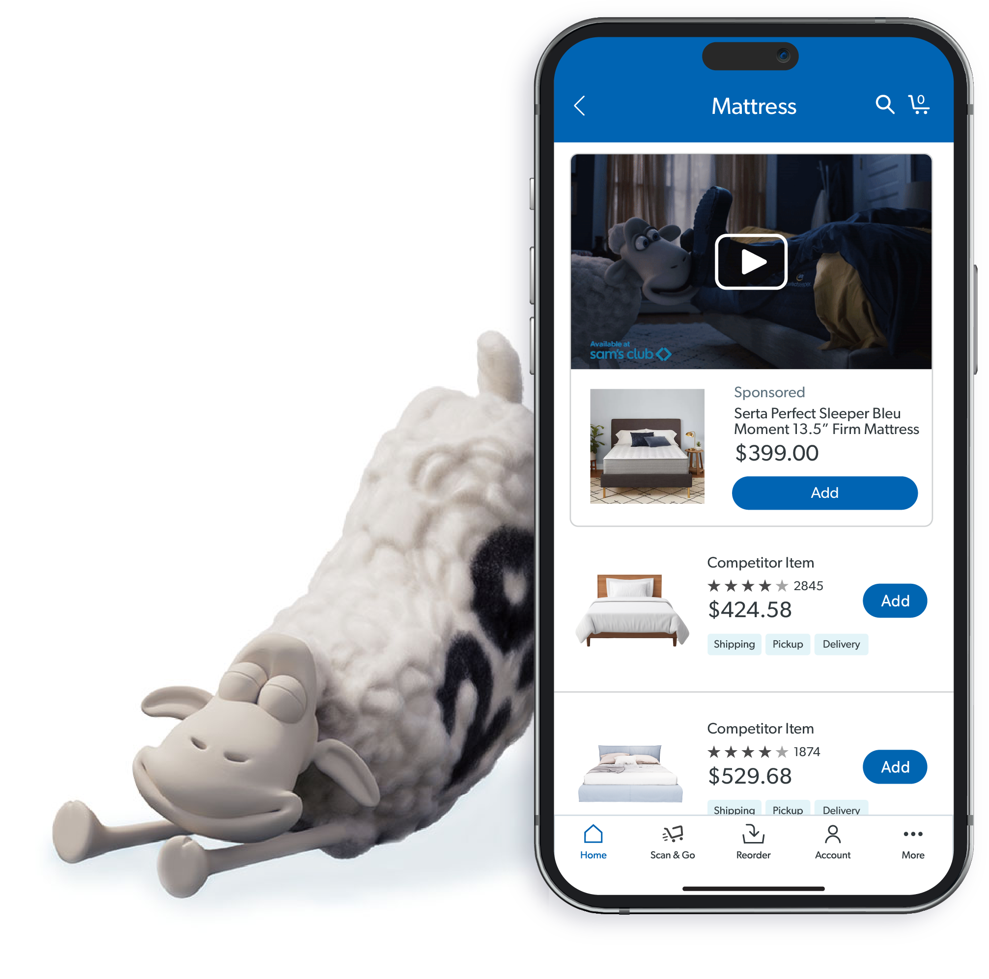 A phone showing the Sam's Club app advertising a Serta mattress, accompanied by the Serta sheep.