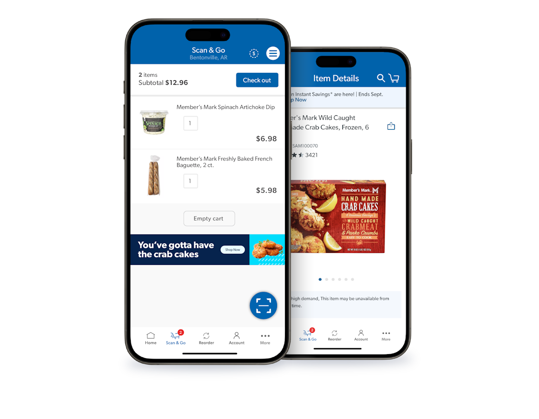 A photo graphic of two mobile devices with the Sam's Club app open.