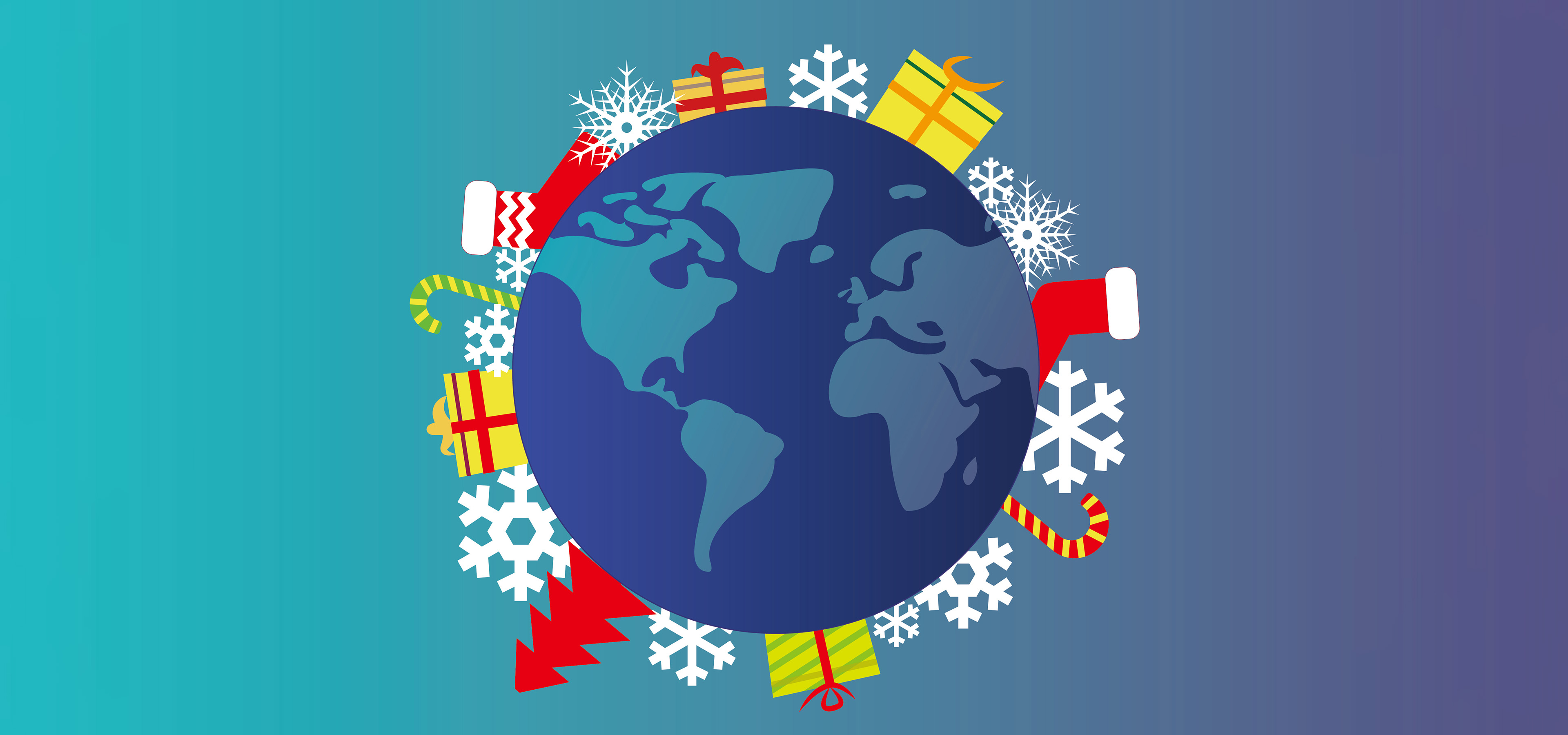 A blue globe is outlined with holiday icons and snowflakes.