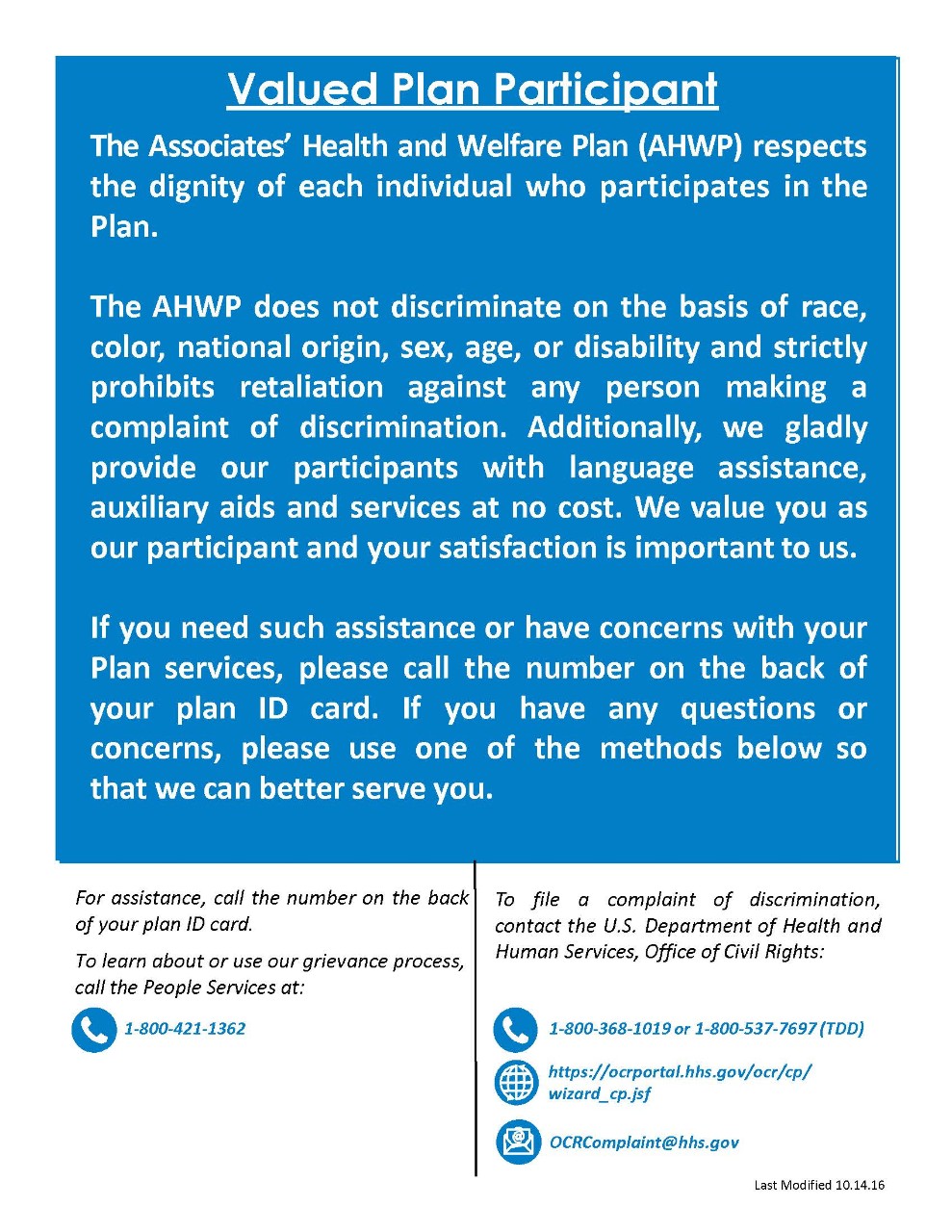 Non-Discrimination Notice: Associates Health and Welfare Plan