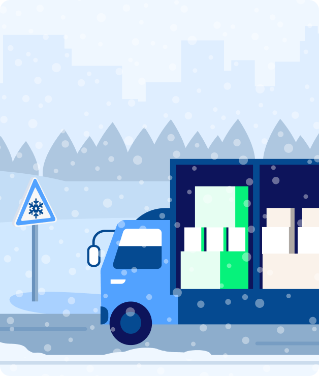 illustration of delivery truck driving in snowy conditions
