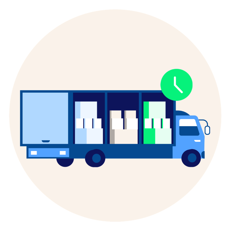 illustration of a blue delivery truck in a tan circle
