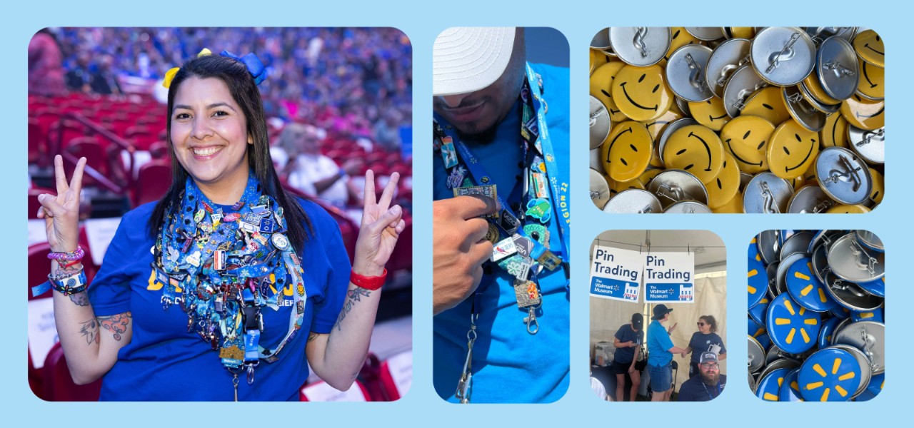 A collage of photos shows Walmart associates wearing pins on their lanyards, a pin trading booth, and pins.